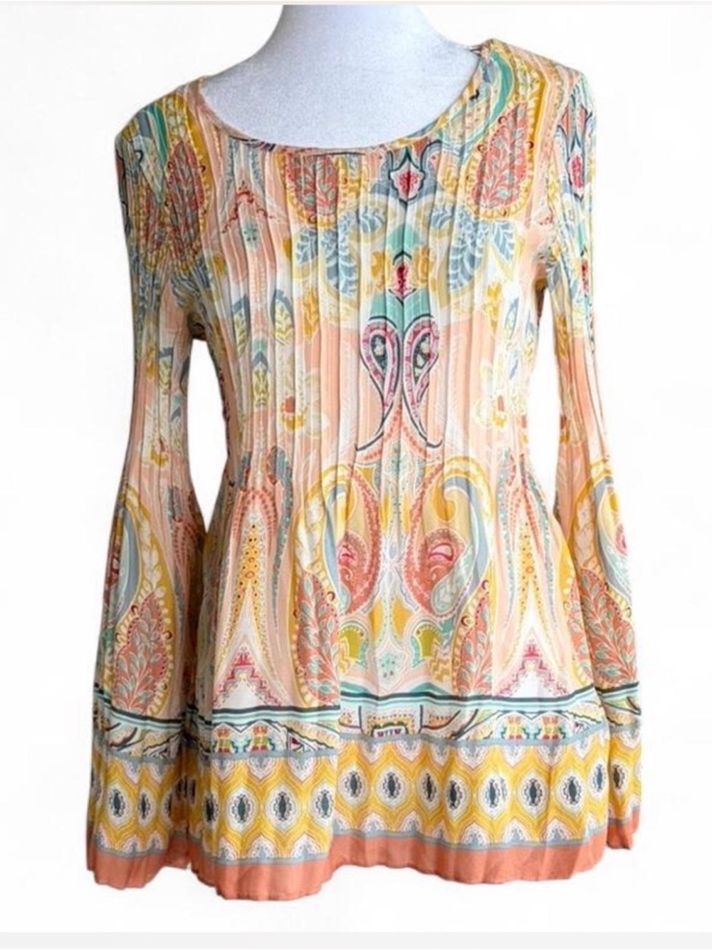 Melissa Paige Peach Multicolor Paisley Long Sleeve Scoop Neck Top
